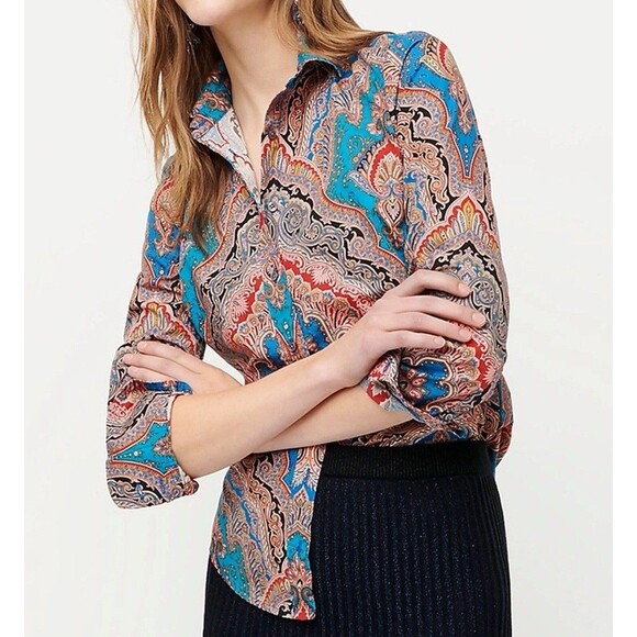 NWOT J Crew Slim Perfect Women Shirt in Ratti® Mediterranean Paisley Sz 4 - Picture 1 of 9